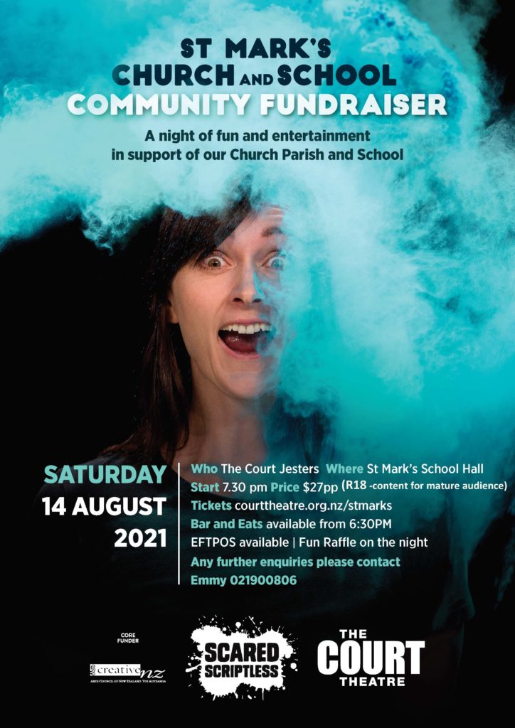 Poster for-St Mark's Church and School, a community fundraiser.  Saturday 14 August 2021.  Who The Court Jesters  Where St Mark’s School Hall   Start 7.30 pm Price $27pp   Tickets courttheatre.org.nz/stmarks   Bar and Eats available from 6:30PM   EFTPOS available | Fun Raffle on the night Any further enquiries please contact  Emmy 021900806  Click on the image for tickets